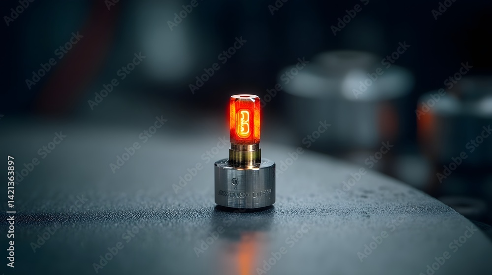 Poster a close up view of a metal 3d printing nozzle with a glowing red hot heating element captured in a s