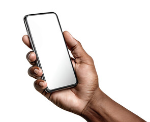 African male hand holding smartphone with blank screen, isolated on transparent cutout background
