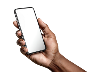 African male hand holding smartphone with blank screen, isolated on transparent cutout background