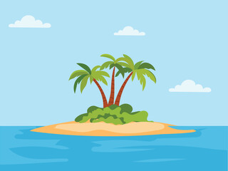 Flat Tropical Island with Palm Trees – Vector Illustration