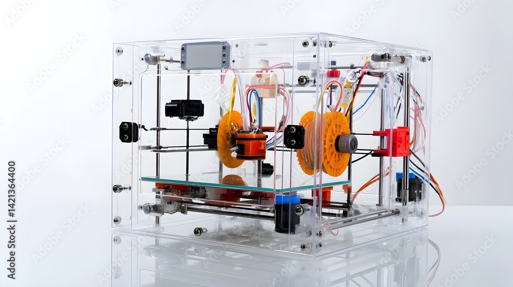 Poster a detailed plastic prototype being fabricated by a desktop 3d printer shown against a pure white stu