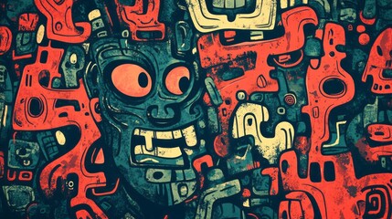 Chaotic composition of stylized figures and abstract forms abound
