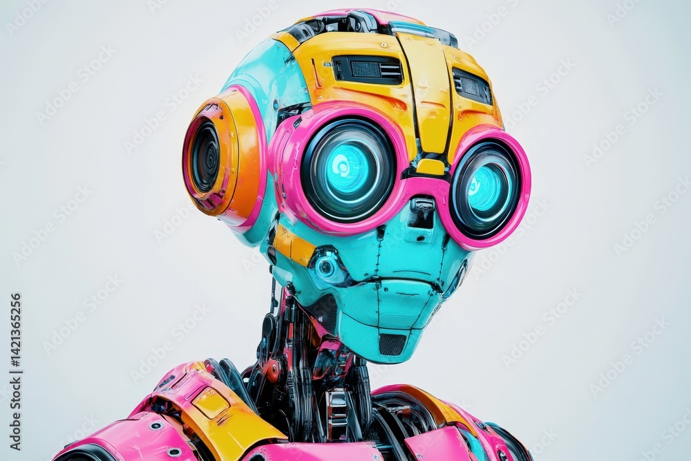 Aufkleber colorful robot with large eyes and a playful design in a futuristic setting