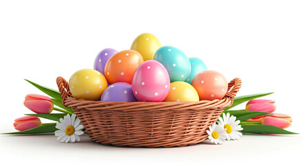 Naklejka premium Colorful Easter Eggs in Basket with Tulips and Daisies