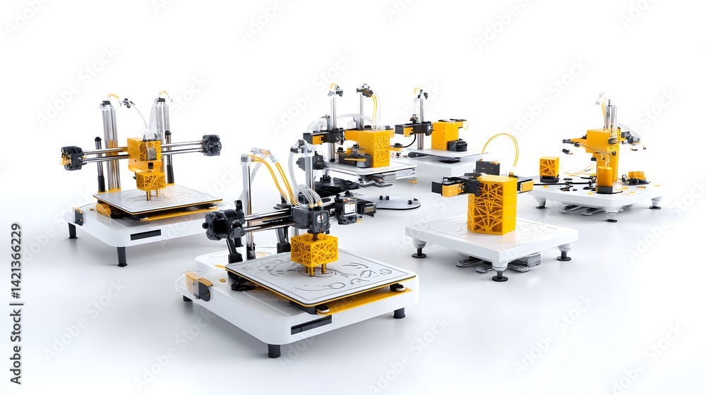 Poster A high tech 3D printing farm with various advanced operating in a clean white laboratory environment showcasing the latest advancements in additive manufacturing and digital fabrication technology