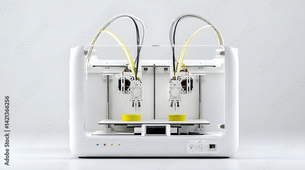 Poster a high tech dual extruder 3d printer designed for multi material additive manufacturing isolated on 