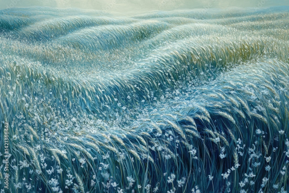 Poster serene wheat field gently swaying in the wind, interspersed with delicate wildflowers.