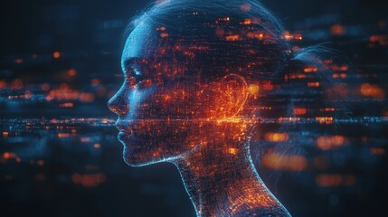 Digital Woman: A futuristic portrait of a woman constructed from glowing digital particles, symbolizing artificial intelligence, technology, and the digital age.