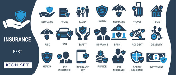 Vector icon representing various insurance types including health, travel, home, finance, accident, and family protection.