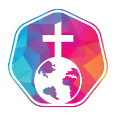 Obraz premium Global church vector logo design template. Globe with cross vector icon.