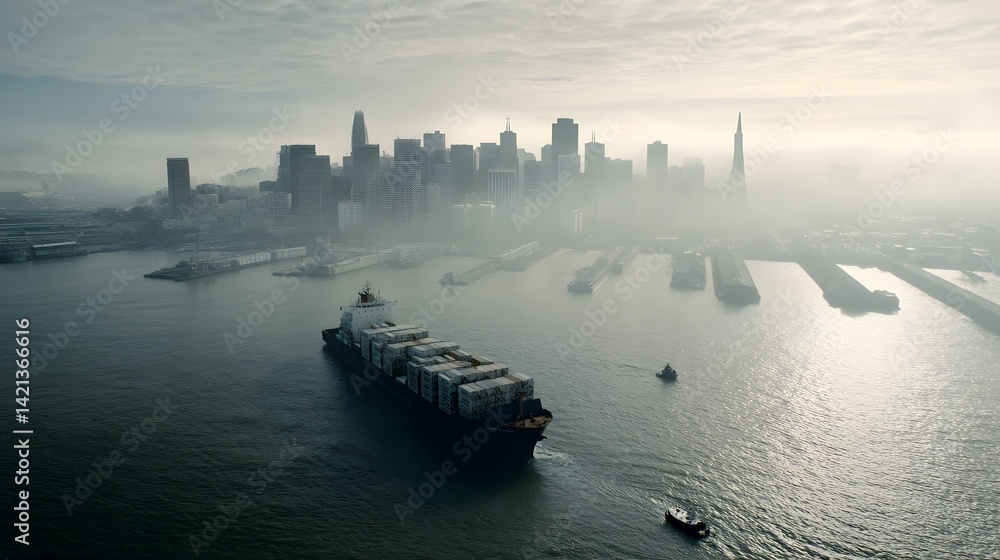 Poster a large cargo ship laden with containers departs the bustling port with the hazy metropolitan skylin