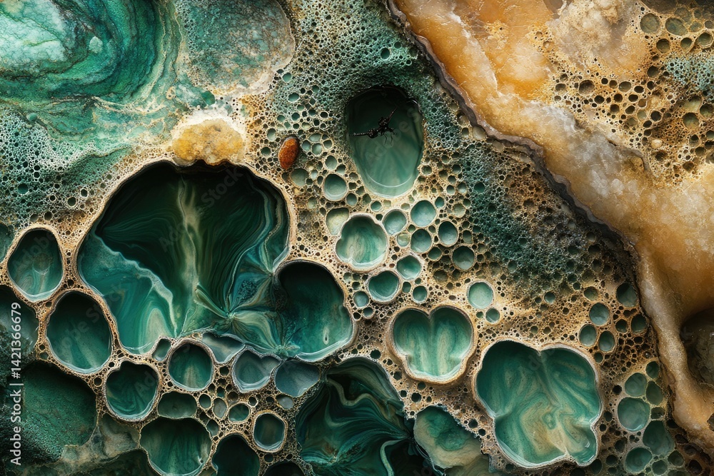 Poster abstract art depicting a mesmerizing blend of teal and gold, featuring a unique cellular pattern and