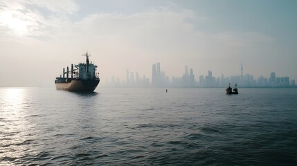A large cargo ship sailing out of the harbor with a towering city skyline silhouetted against the horizon in the background creating a cinematic and atmospheric scene