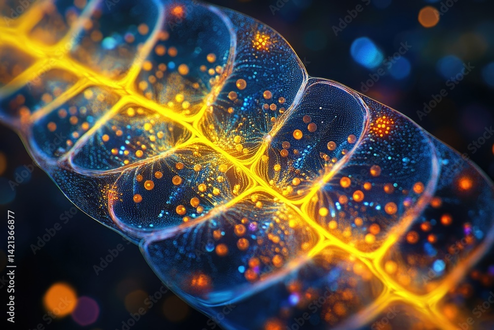 Poster Abstract microscopic view of a glowing, segmented structure with vibrant, interconnected particles.