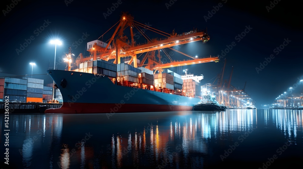 Aufkleber a large container ship docked at a bustling port at night illuminated by powerful floodlights that c