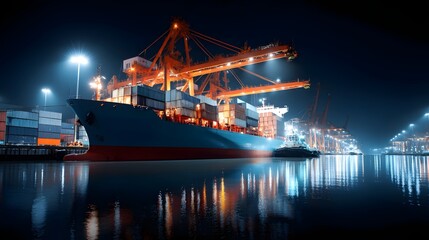 Obraz premium A large container ship docked at a bustling port at night illuminated by powerful floodlights that cast dramatic shadows and reflections on the water s surface