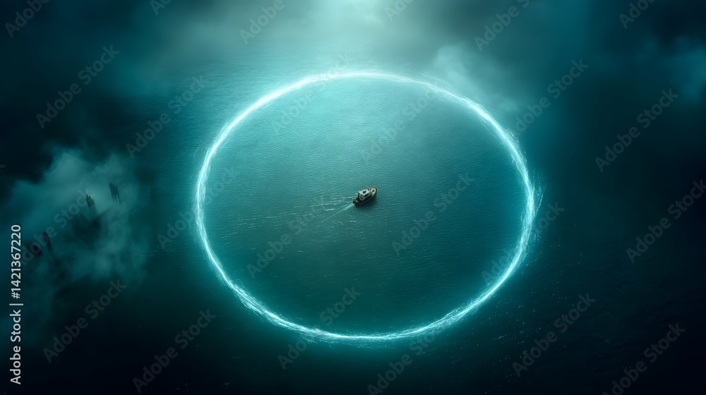 Aufkleber a lone boat silently navigates through a glowing ethereal circle of light surrounded by an atmospher