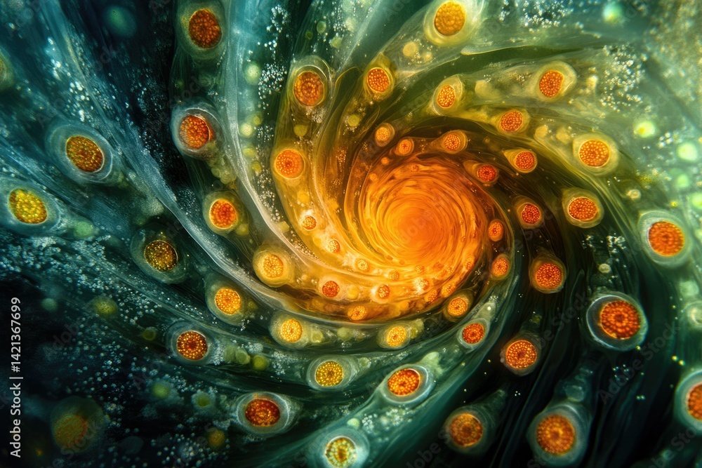 Poster microscopic spiral of vibrant colors and intricate patterns, resembling a cosmic vortex.