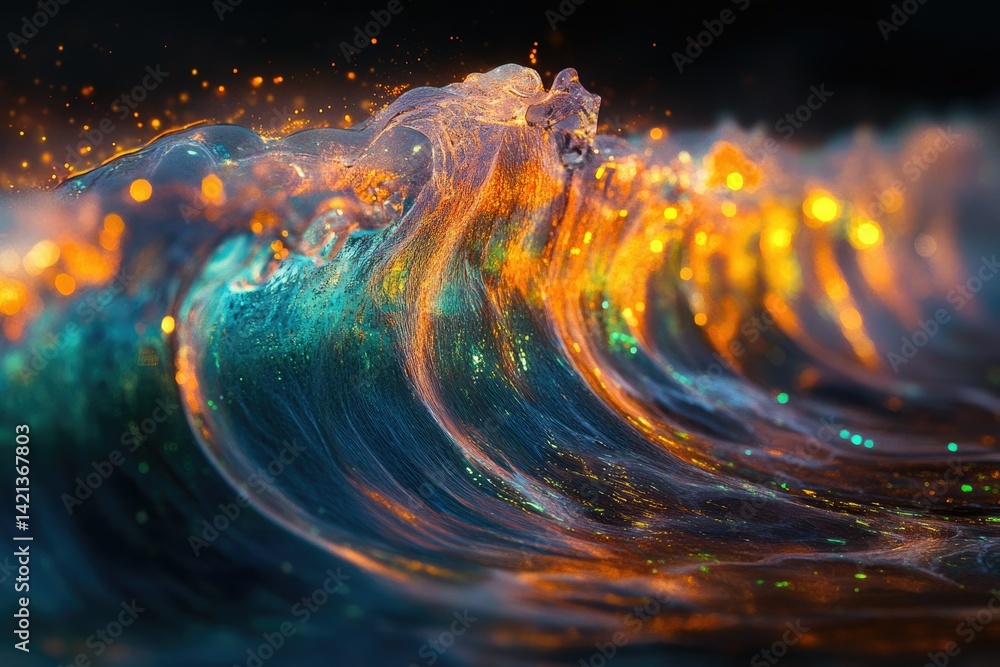 Aufkleber a mesmerizing ocean wave, illuminated with vibrant, golden and teal sparkles, creating a surreal and