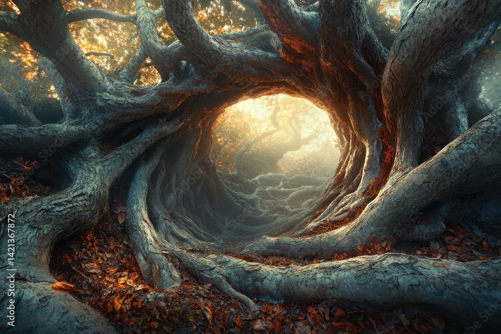 Aufkleber ancient tree's massive roots form a mystical tunnel, bathed in golden sunlight, creating a magical f