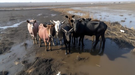 Group of cattle standing in muddy field during daytime reflecting rural life