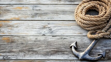 Obraz premium A weathered anchor with a coiled rope rests on rustic wooden planks, creating a nautical and serene atmosphere.