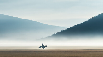 cowboy silhouette, silhouette of a cowboy riding a horse slowly across a vast grassland with morning mist, Ai generated images