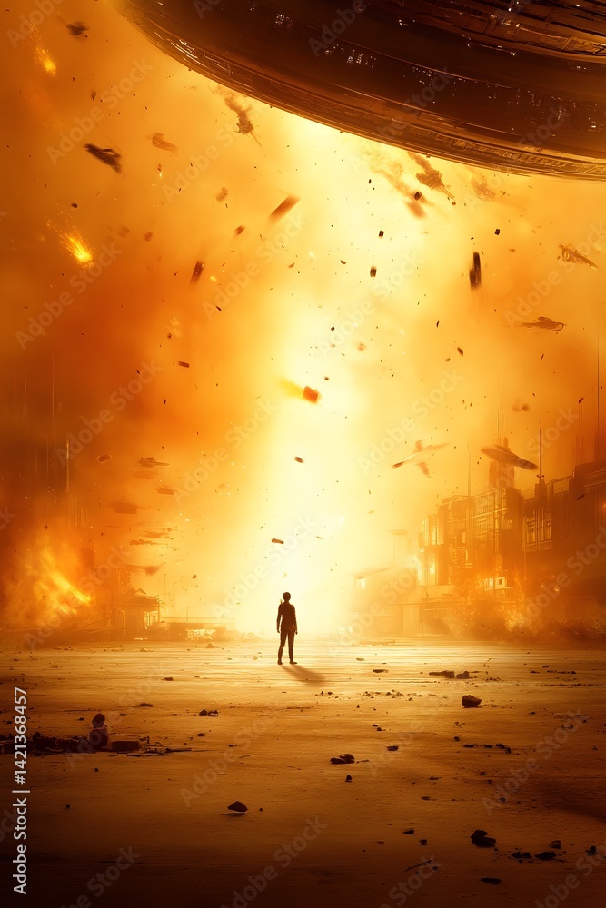 Poster a lone figure stands silhouetted against the backdrop of a massive explosively crashing spaceship in
