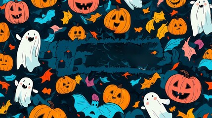 Cartoon halloween pattern featuring pumpkins ghosts and bats