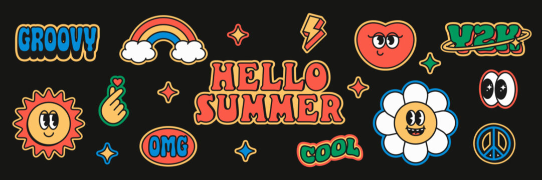 Cool and trendy y2k retro sticker design with abstract art elements and groovy cartoon illustrations summer y2k inspired doodle background features emoji icons.