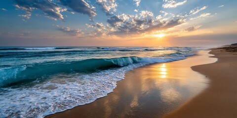 Stunning sunset over the ocean, golden waves on a sandy beach