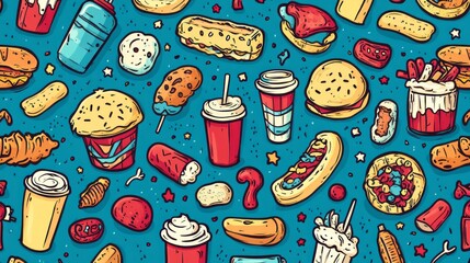 A vibrant and cartoonish illustration of various delicious fast foods