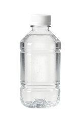 Clear square plastic water bottle with wide flat white cap, minimalist design and no label, isolated on transparent background - perfect for brand presentations or packaging. For mockups