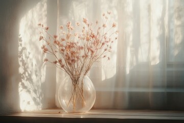Dried flowers in a glass vase bathed in sunlight by a sheer window curtain.