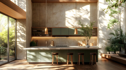 Modern Green Kitchen with Sunlight and Plants