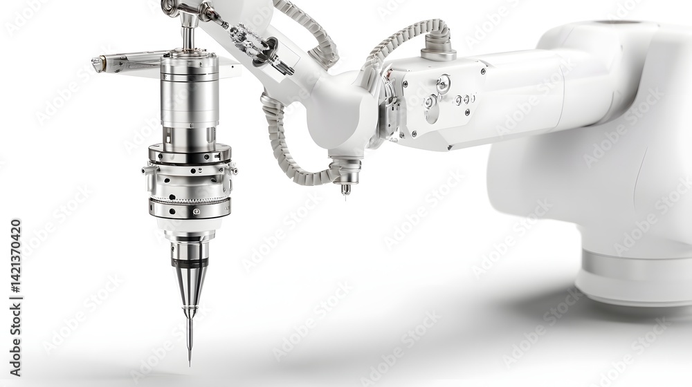 Poster a multi axis robotic arm with a specialized 3d printing tool head designed for innovative and precis
