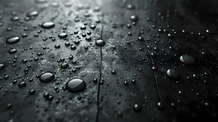 Sleek Dark Surface Dotted with Gleaming Water Droplets after Rain