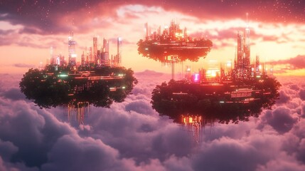 Surreal floating islands with detailed digital circuit textures connected by glowing neon data streams under a cosmic twilight sky, futuristic matte painting style showcasing advanced technology.