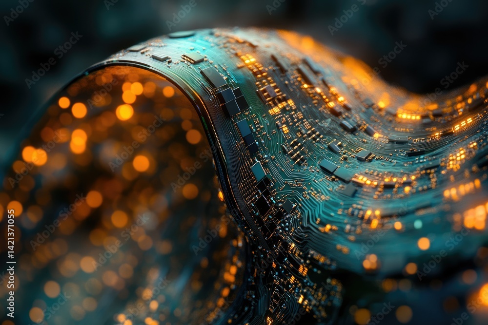 Poster Abstract rendering of a flexible circuit board, glowing with warm light, representing technological innovation and connectivity.