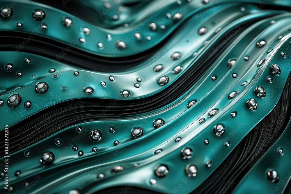 Poster Abstract teal metallic waves with silver droplets, creating a luxurious, flowing texture.