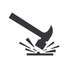 Isolated pictogram of a hammer striking an object, causing sparks, for safety signs warning of sparks and fire risks