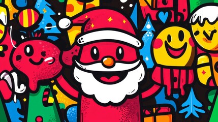 Whimsical and colorful cartoon illustration depicting christmas holiday elements