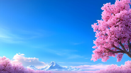 Fototapeta premium Pink Cherry Blossoms and Snowy Mountain Landscape