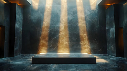 Striking Interior with Sunlight Beams in Dark Marble Room and Elevated Stage
