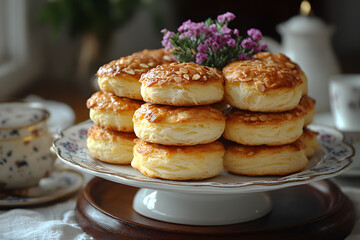 Freshly baked almond croissants with rich filling and delicate texture on vintage dish