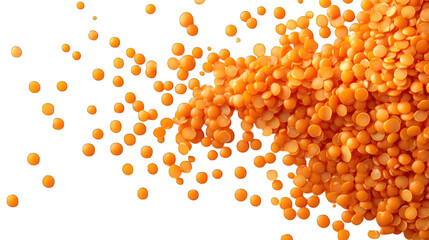 A close-up view of orange lentils spilling downward against a dynamic abstract background.