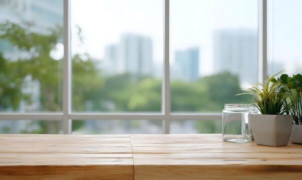 Fototapeta Blur background of office interior with large windows with city urban view, Generative AI