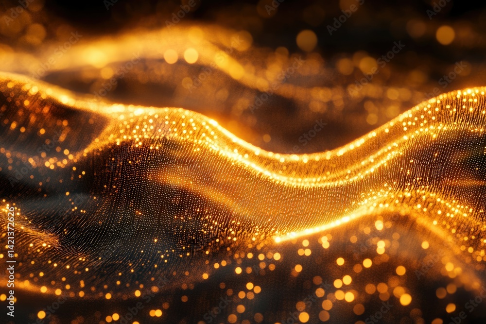 Poster Golden glittering particles form flowing waves, creating a luxurious and abstract background.