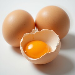 Three eggs on a white background, one cracked open exposing the yolk interior