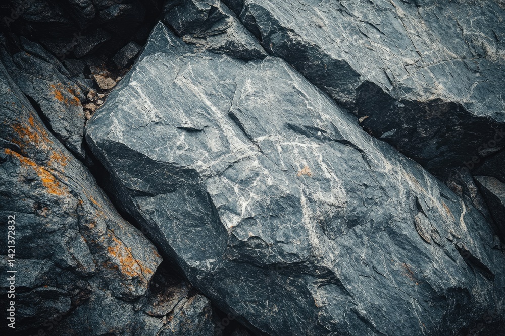 Poster close-up of dark gray rocks with visible texture and cracks, showcasing natural geological formation
